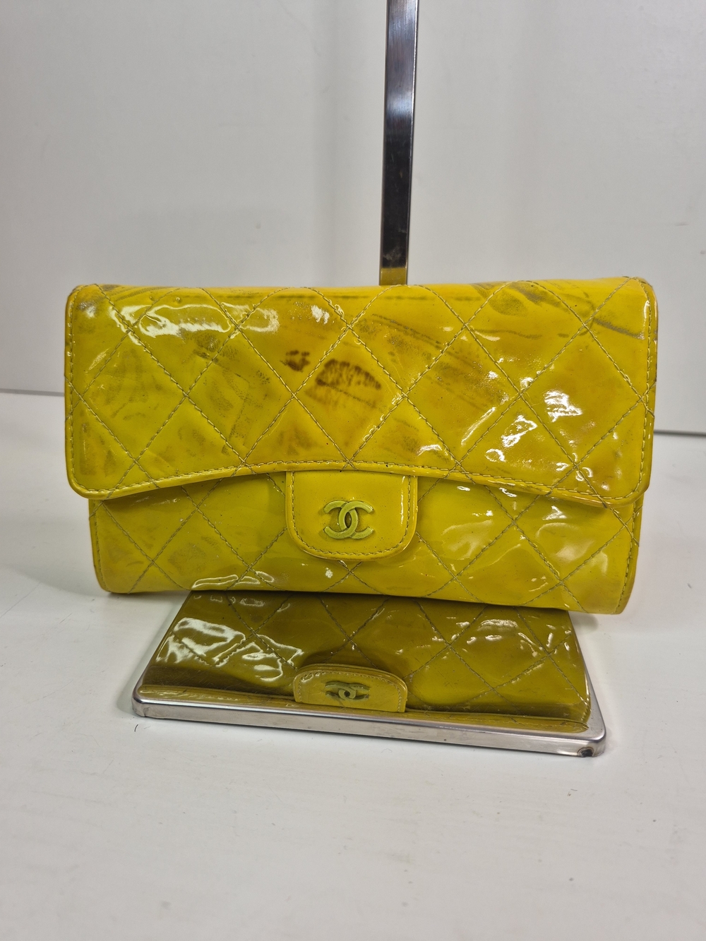 CHANEL Yellow Quilted Patent Leather Wallet